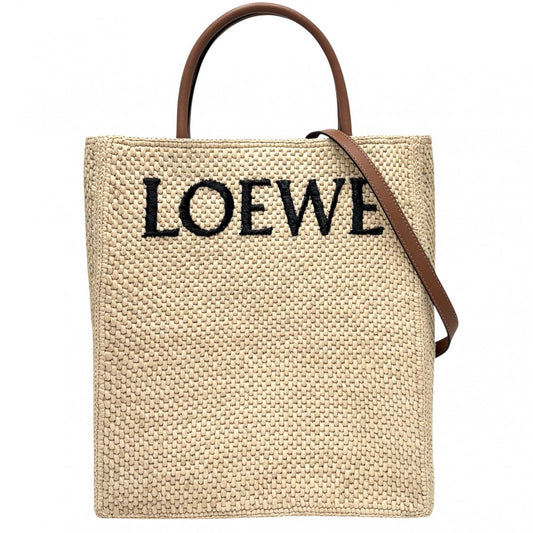 LOEWE ロエベ 2WAY ロゴ スタンダード A4 トートバッグ ショルダーバッグ かごバッグ A563R18X02 ラフィア レザー ベージュ ブラック 黒 ゴールド金具 レディース【中古品】