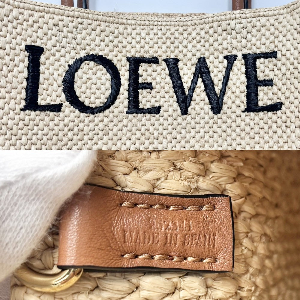 LOEWE ロエベ 2WAY ロゴ スタンダード A4 トートバッグ ショルダーバッグ かごバッグ A563R18X02 ラフィア レザー ベージュ ブラック 黒 ゴールド金具 レディース【中古品】