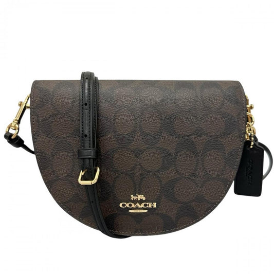 COACH コーチ ショルダーバッグ シグネチャー エレン ハーフムーン C1430 PVCコーティングキャンバス ブラウン 茶 ゴールド金具 レディース【中古品】