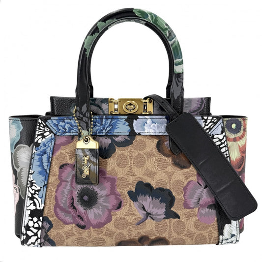 COACH コーチ 2WAY トループ キャリーオール カフェ・ファセット フラワー 花 ハンドバッグ ショルダーバッグ レザー ブラック 黒 マルチカラー ゴールド金具 レディース【中古品】