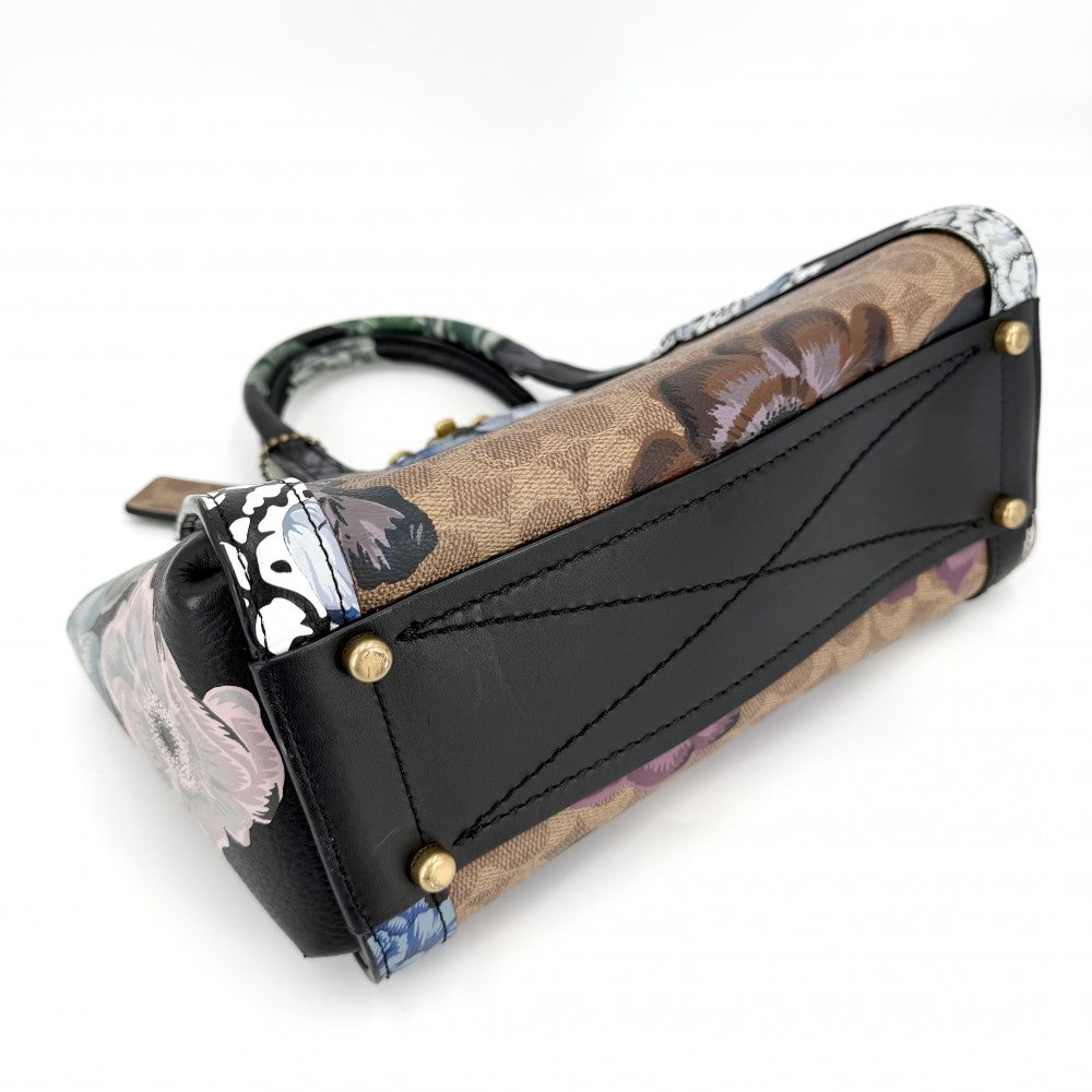 COACH コーチ 2WAY トループ キャリーオール カフェ・ファセット フラワー 花 ハンドバッグ ショルダーバッグ レザー ブラック 黒 マルチカラー ゴールド金具 レディース【中古品】