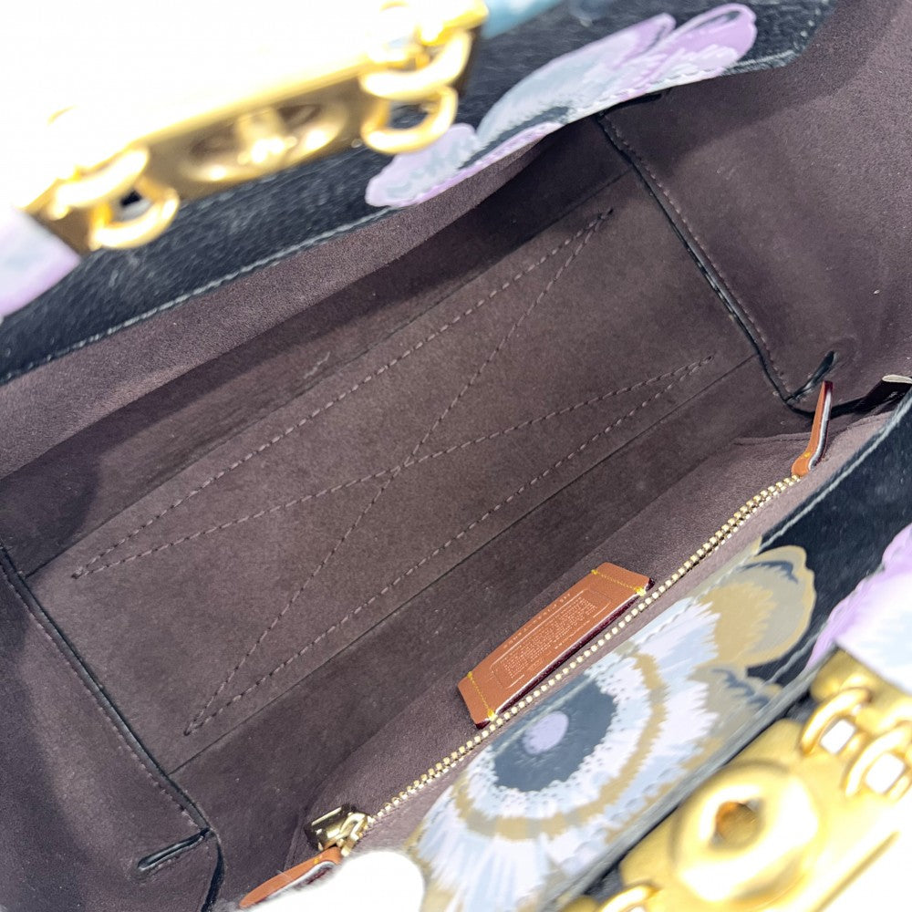 COACH コーチ 2WAY トループ キャリーオール カフェ・ファセット フラワー 花 ハンドバッグ ショルダーバッグ レザー ブラック 黒 マルチカラー ゴールド金具 レディース【中古品】