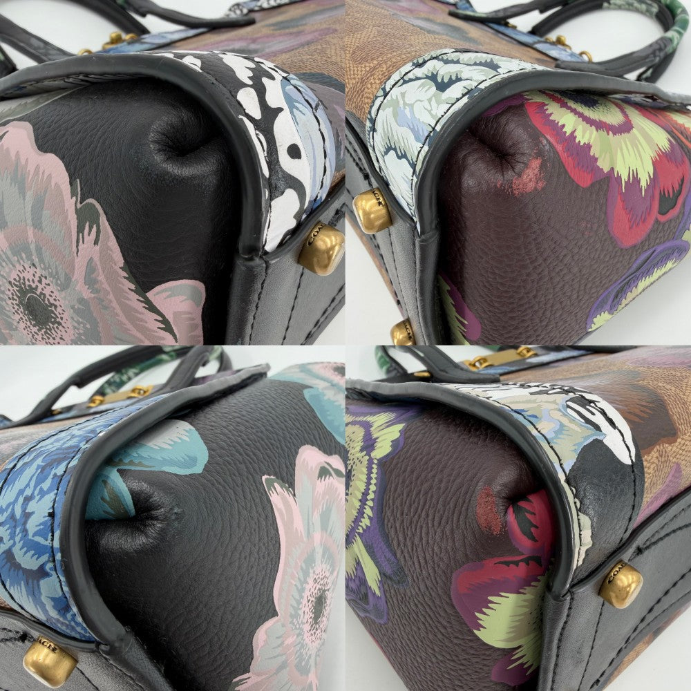 COACH コーチ 2WAY トループ キャリーオール カフェ・ファセット フラワー 花 ハンドバッグ ショルダーバッグ レザー ブラック 黒 マルチカラー ゴールド金具 レディース【中古品】