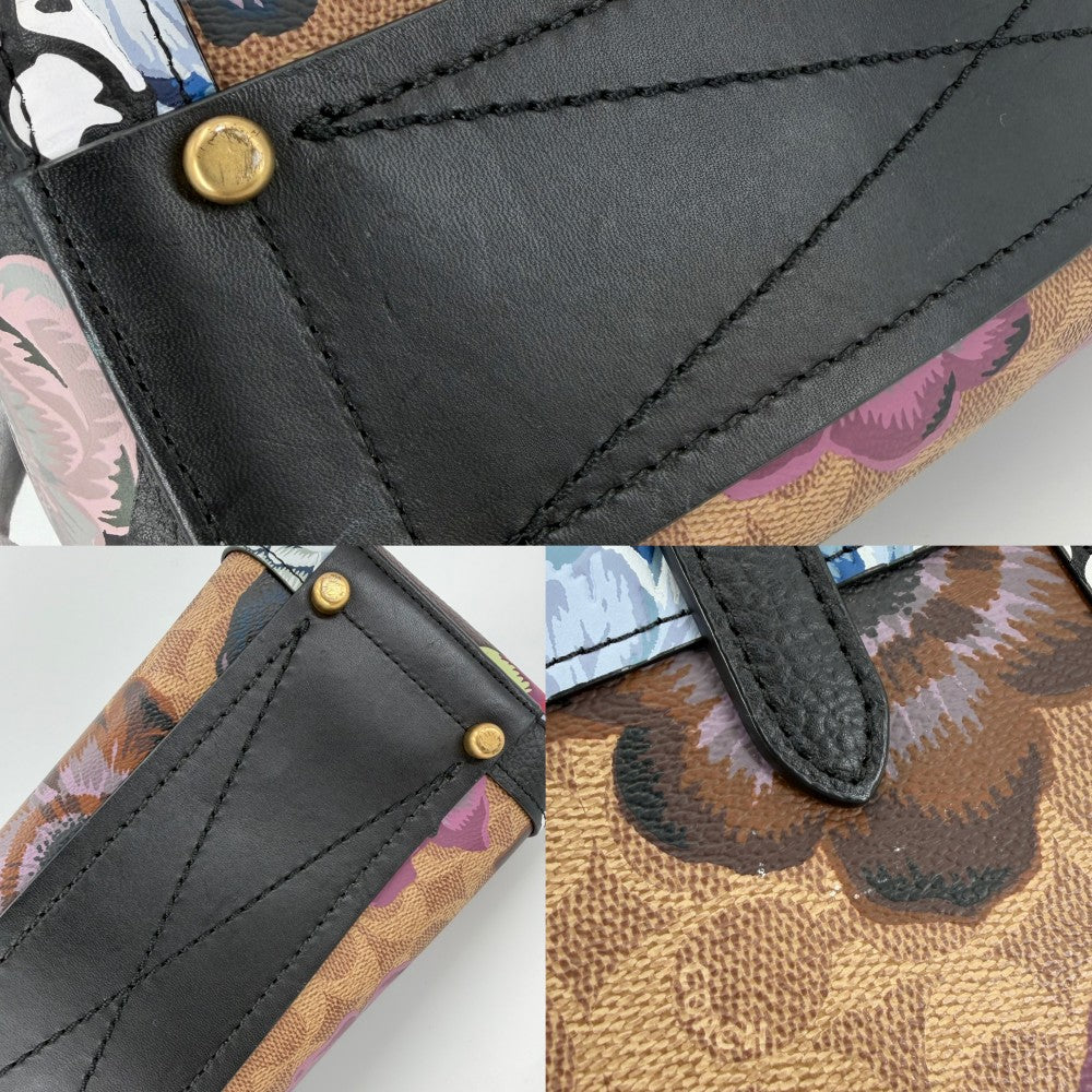 COACH コーチ 2WAY トループ キャリーオール カフェ・ファセット フラワー 花 ハンドバッグ ショルダーバッグ レザー ブラック 黒 マルチカラー ゴールド金具 レディース【中古品】