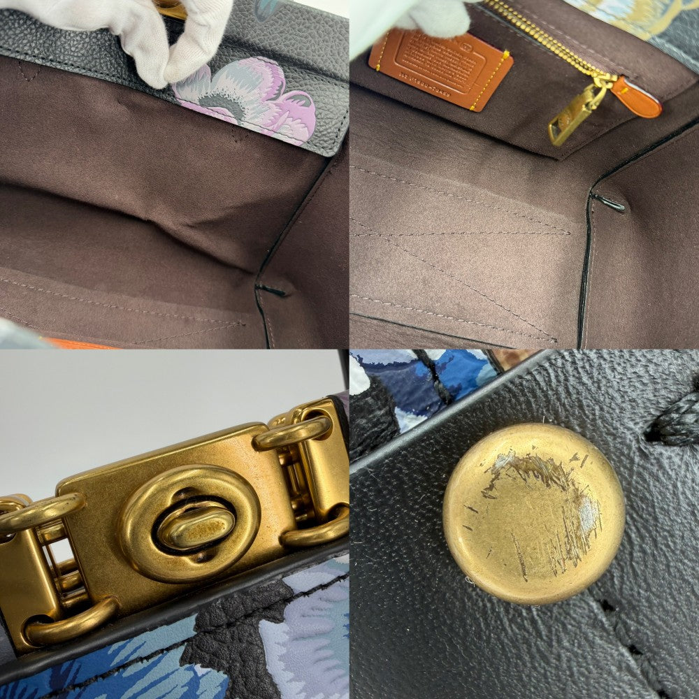 COACH コーチ 2WAY トループ キャリーオール カフェ・ファセット フラワー 花 ハンドバッグ ショルダーバッグ レザー ブラック 黒 マルチカラー ゴールド金具 レディース【中古品】