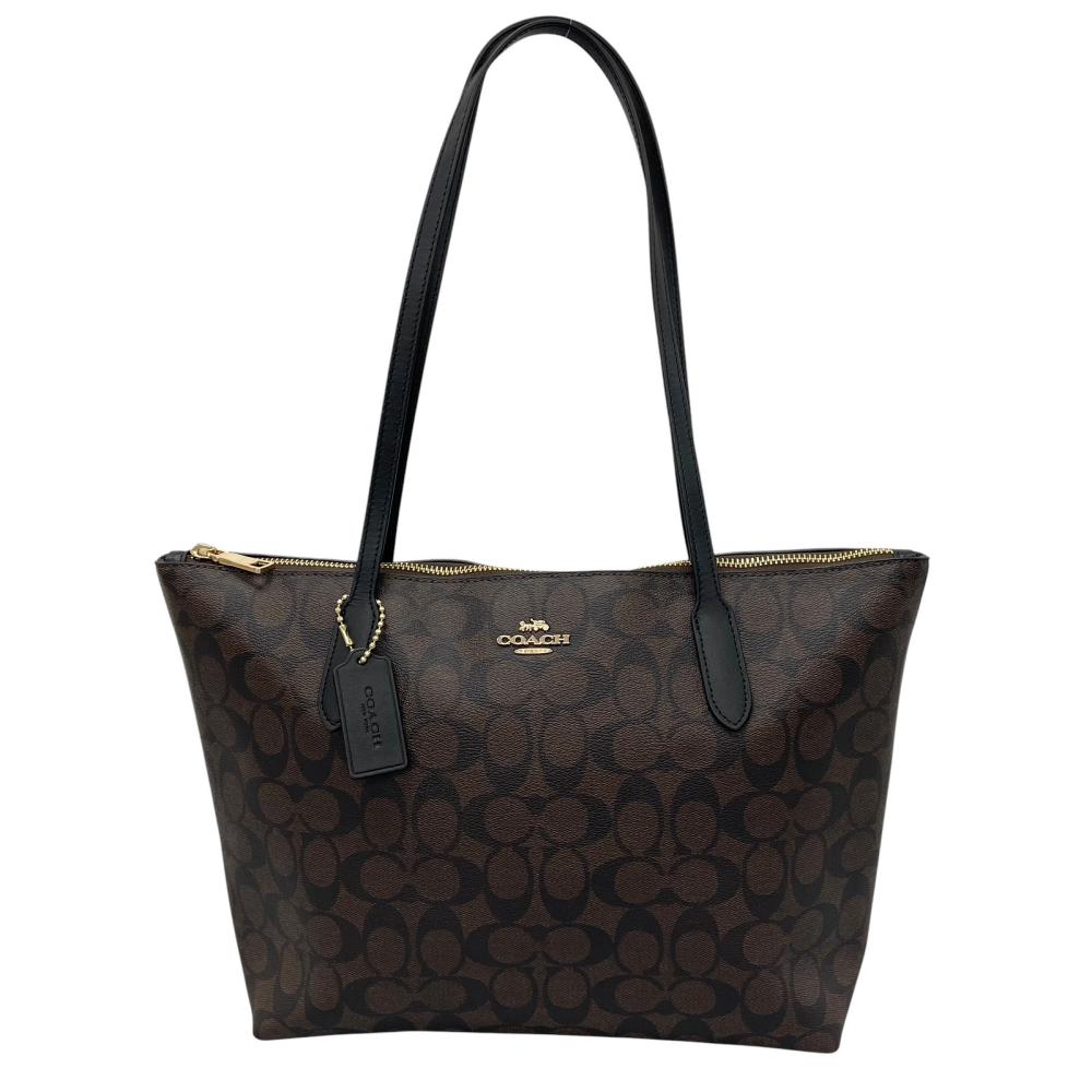 COACH コーチ トートバッグ ジップトップトート シグネチャー 4455 PVCコーティングキャンバス ブラウン 茶 ゴールド金具 レディース【中古品】