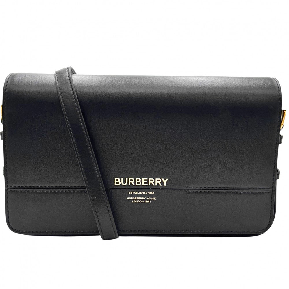 BURBERRY バーバリー ショルダーバッグ ロゴフラップ クロスボディバッグ 鞄 かばん レザー ブラック 黒 ゴールド金具 レディース【中古品】