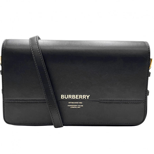 【開店SALE】 BURBERRY バーバリー ショルダーバッグ ロゴフラップ クロスボディバッグ 鞄 かばん レザー ブラック 黒 ゴールド金具 レディース【中古品】