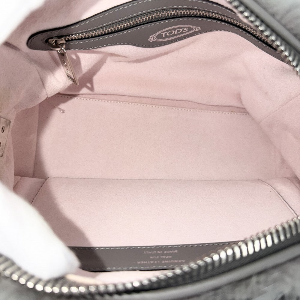 【開店SALE】 TOD’S トッズ 2WAY ファー ハンドバッグ ショルダーバッグ レザー グレー レッド 赤 シルバー金具 レディース【中古品】
