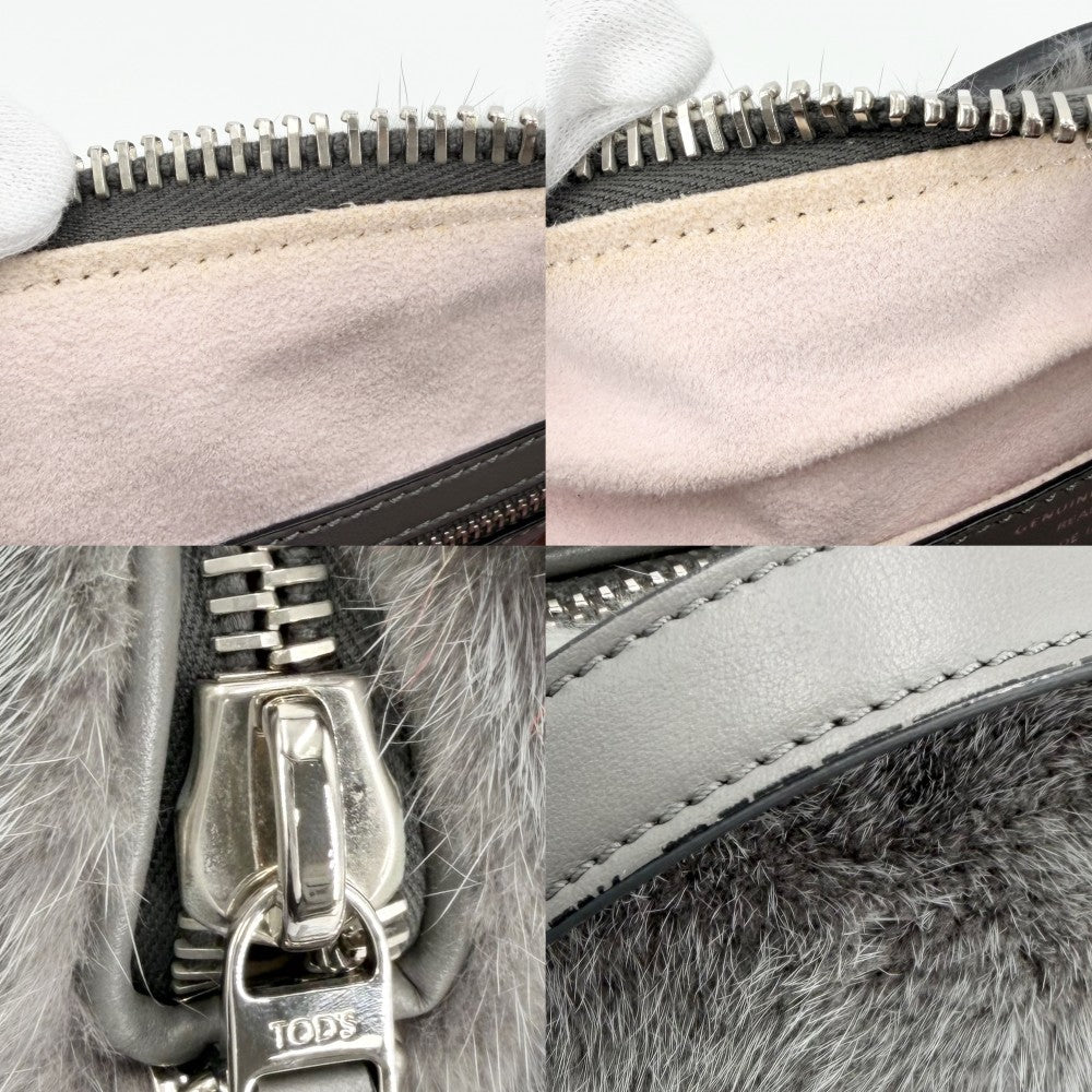 【開店SALE】 TOD’S トッズ 2WAY ファー ハンドバッグ ショルダーバッグ レザー グレー レッド 赤 シルバー金具 レディース【中古品】
