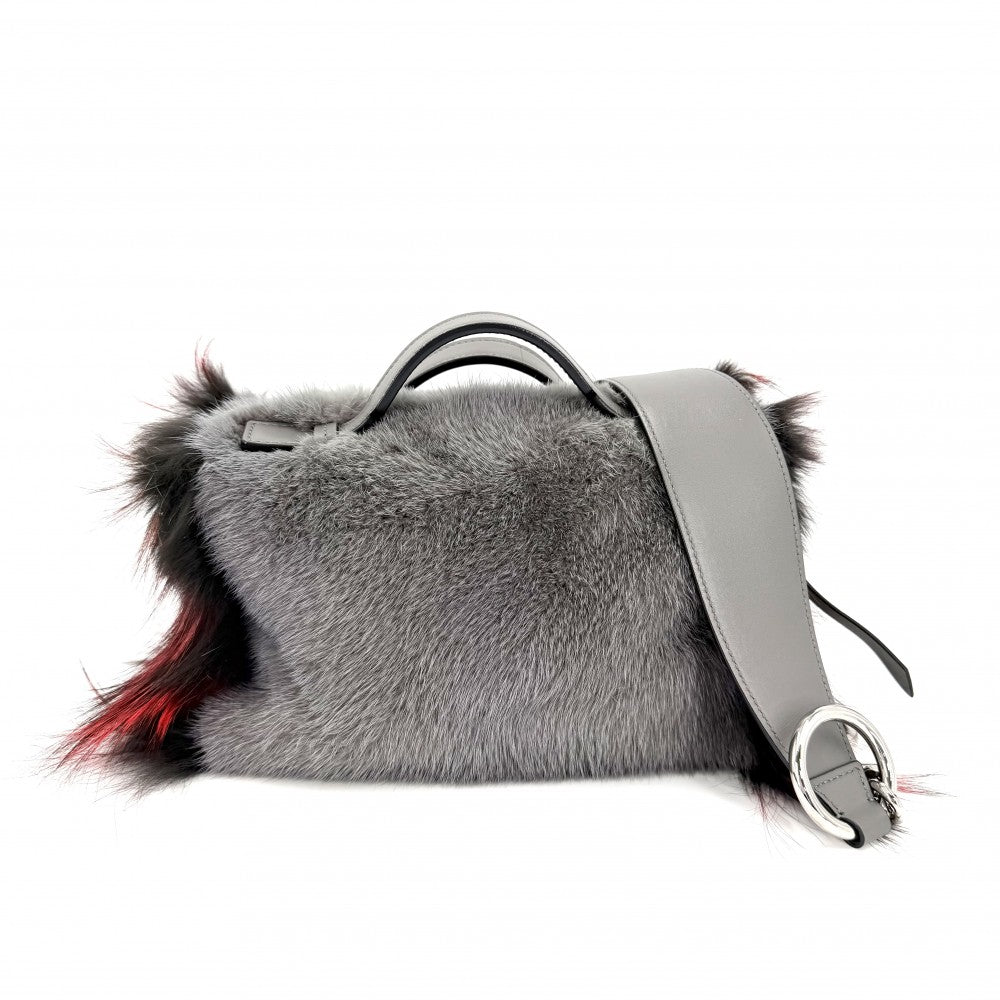 【開店SALE】 TOD’S トッズ 2WAY ファー ハンドバッグ ショルダーバッグ レザー グレー レッド 赤 シルバー金具 レディース【中古品】
