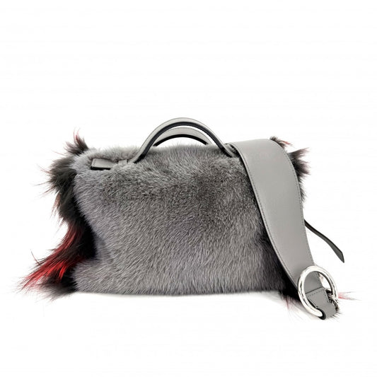 【開店SALE】 TOD’S トッズ 2WAY ファー ハンドバッグ ショルダーバッグ レザー グレー レッド 赤 シルバー金具 レディース【中古品】