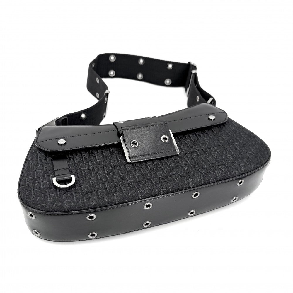 【開店SALE】 Christian Dior クリスチャンディオール ショルダーバッグ ストリートシック トロッター キャンバス レザー ブラック 黒 ガンメタル金具 レディース【中古品】