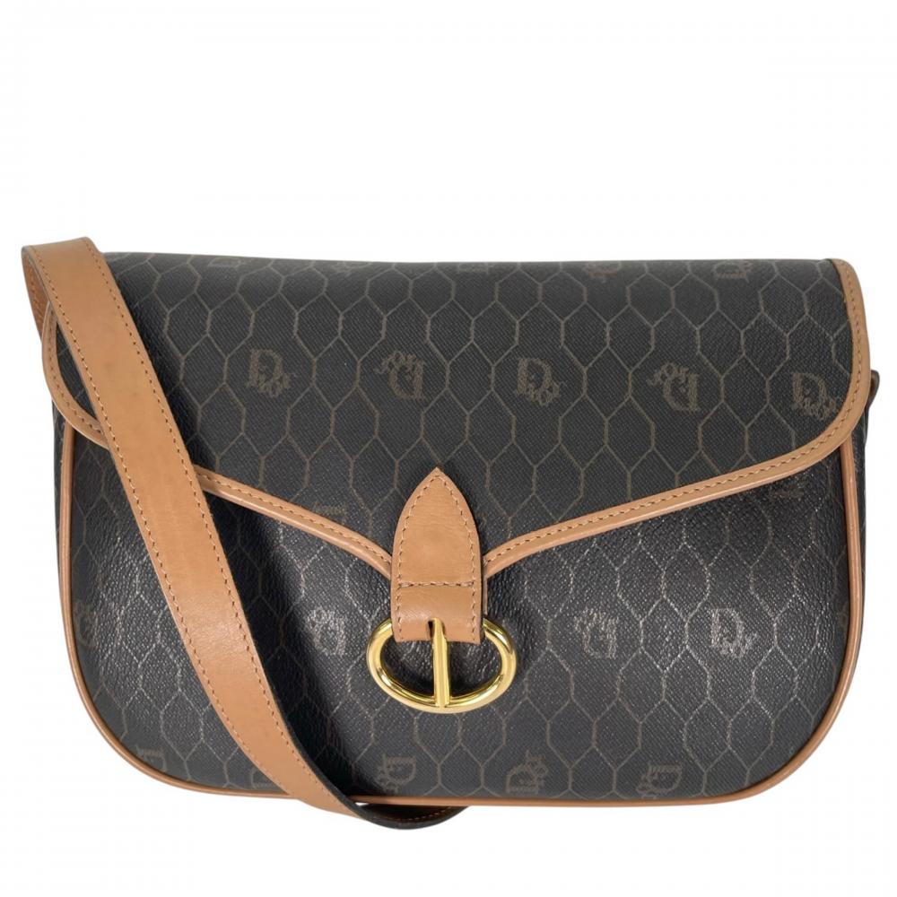 Christian Dior クリスチャンディオール ショルダーバッグ ハニカム PVCコーティングキャンバス カーフ ブラウン 茶 ゴールド金具 レディース【中古品】