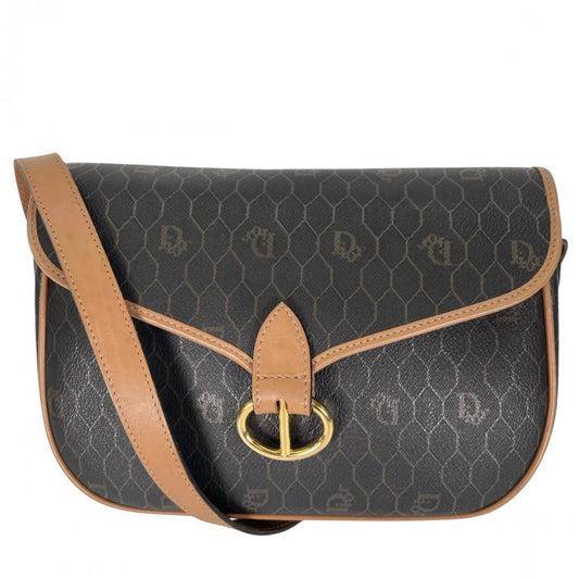 Christian Dior クリスチャンディオール ショルダーバッグ ハニカム PVCコーティングキャンバス カーフ ブラウン 茶 ゴールド金具 レディース【中古品】