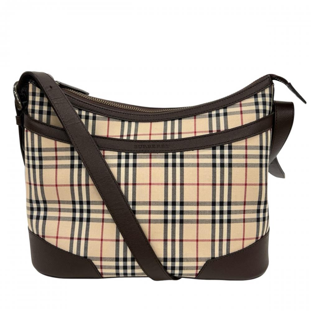 BURBERRY バーバリー ショルダーバッグ ノバチェック ロゴ キャンバス レザー ベージュ ブラウン 茶 シルバー金具 レディース【中古品】
