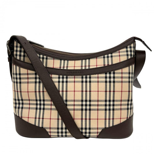 BURBERRY バーバリー ショルダーバッグ ノバチェック ロゴ キャンバス レザー ベージュ ブラウン 茶 シルバー金具 レディース【中古品】