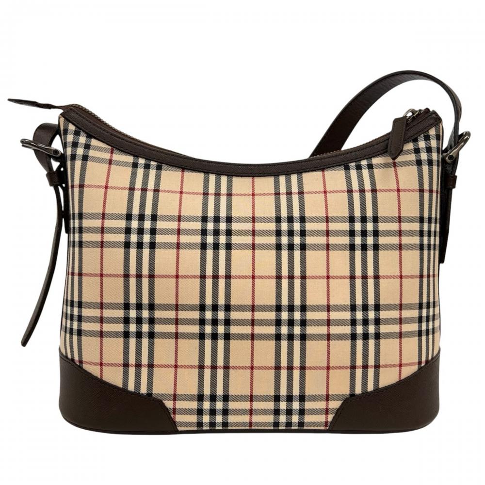 BURBERRY バーバリー ショルダーバッグ ノバチェック ロゴ キャンバス レザー ベージュ ブラウン 茶 シルバー金具 レディース【中古品】