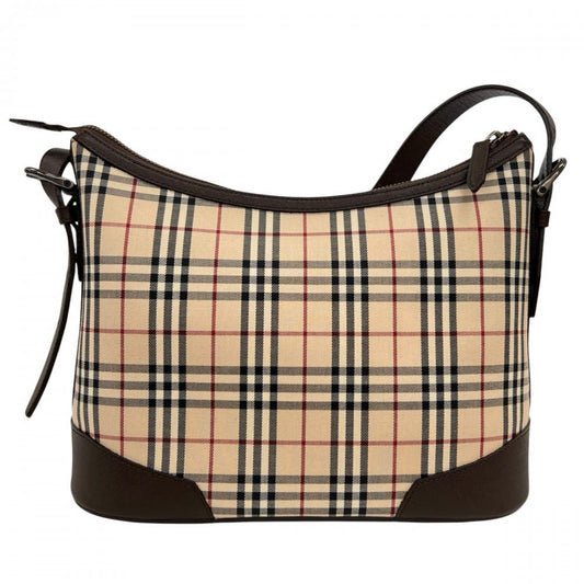 BURBERRY バーバリー ショルダーバッグ ノバチェック ロゴ キャンバス レザー ベージュ ブラウン 茶 シルバー金具 レディース【中古品】