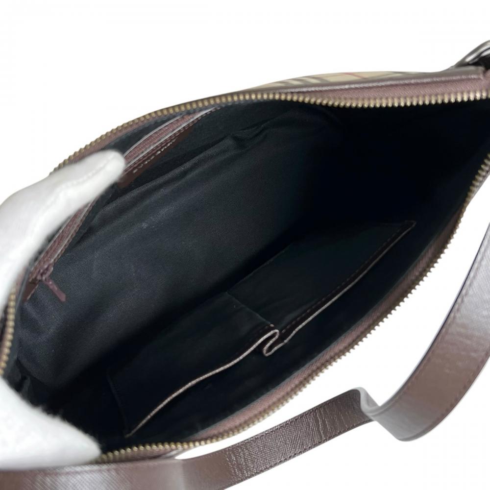 BURBERRY バーバリー ショルダーバッグ ノバチェック ロゴ キャンバス レザー ベージュ ブラウン 茶 シルバー金具 レディース【中古品】