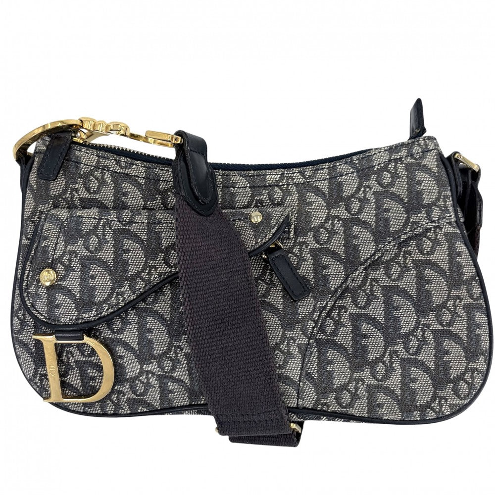 Christian Dior クリスチャンディオール ショルダーバッグ トロッター サドルバッグ キャンバス レザー ネイビー 紺 ゴールド金具 レディース【中古品】