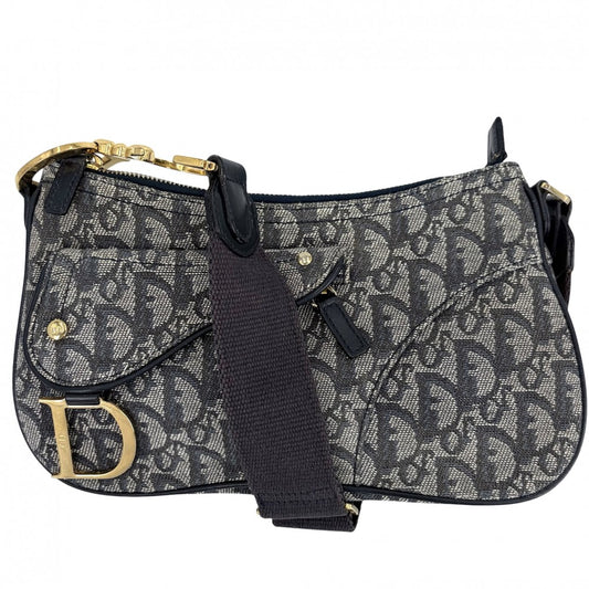 Christian Dior クリスチャンディオール ショルダーバッグ トロッター サドルバッグ キャンバス レザー ネイビー 紺 ゴールド金具 レディース【中古品】