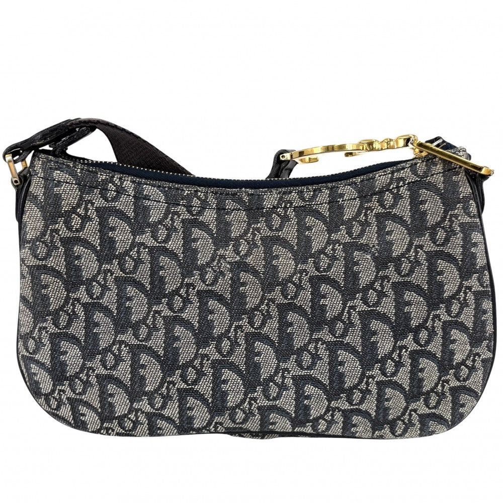 Christian Dior クリスチャンディオール ショルダーバッグ トロッター サドルバッグ キャンバス レザー ネイビー 紺 ゴールド金具 レディース【中古品】