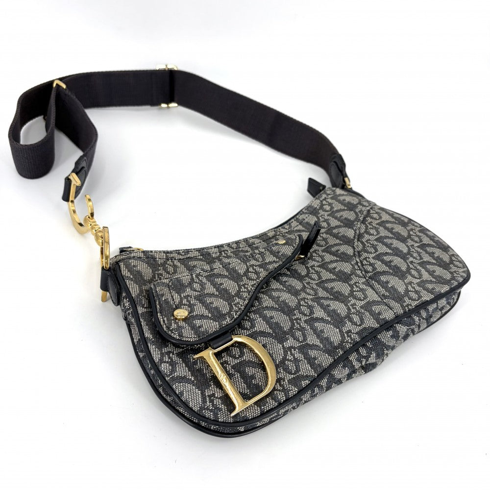 Christian Dior クリスチャンディオール ショルダーバッグ トロッター サドルバッグ キャンバス レザー ネイビー 紺 ゴールド金具 レディース【中古品】