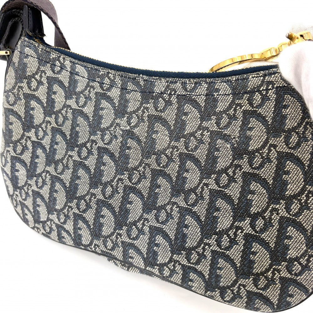 Christian Dior クリスチャンディオール ショルダーバッグ トロッター サドルバッグ キャンバス レザー ネイビー 紺 ゴールド金具 レディース【中古品】