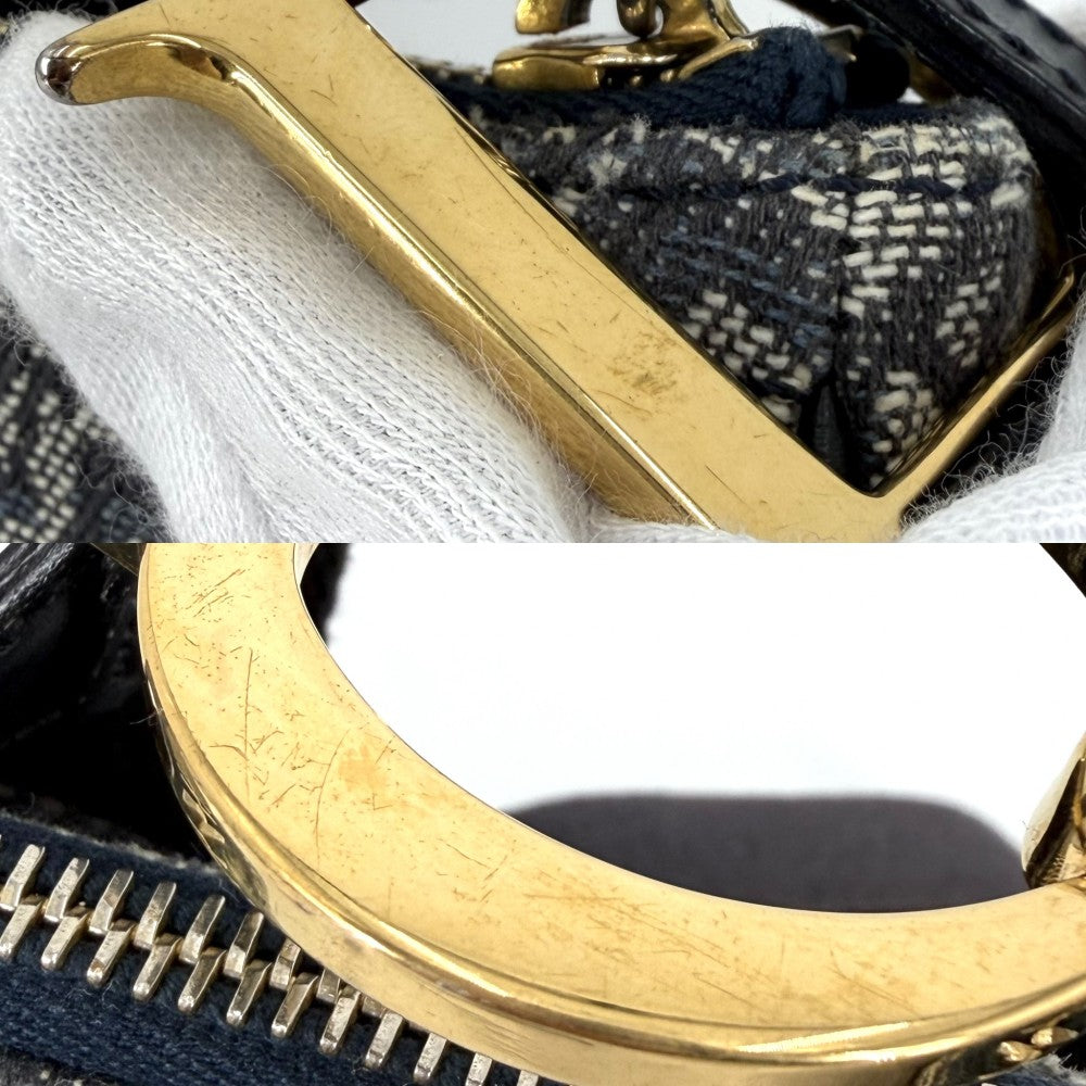 Christian Dior クリスチャンディオール ショルダーバッグ トロッター サドルバッグ キャンバス レザー ネイビー 紺 ゴールド金具 レディース【中古品】