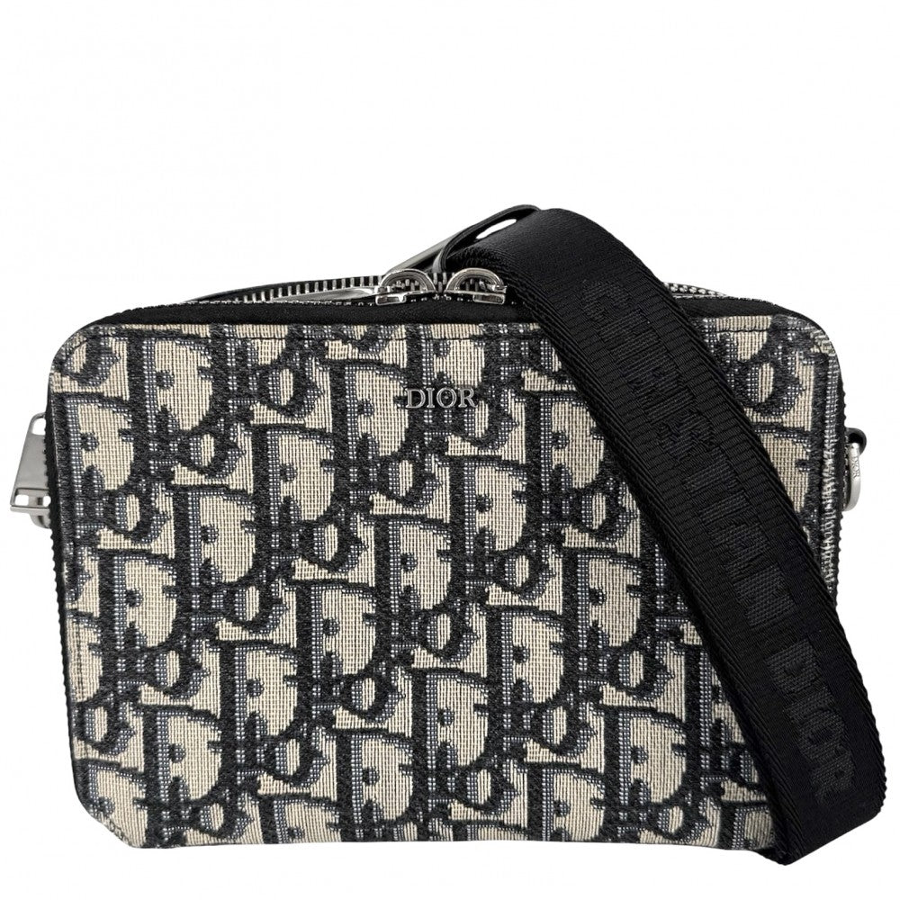 Christian Dior クリスチャンディオール ショルダーバッグ オブリーク ストラップポーチ ミニバッグ メッセンジャーバッグ 2OBBC119YSE_H05E キャンバス レザー ネイビー 紺 ブラック 黒 シルバー金具 メンズ【中古品】