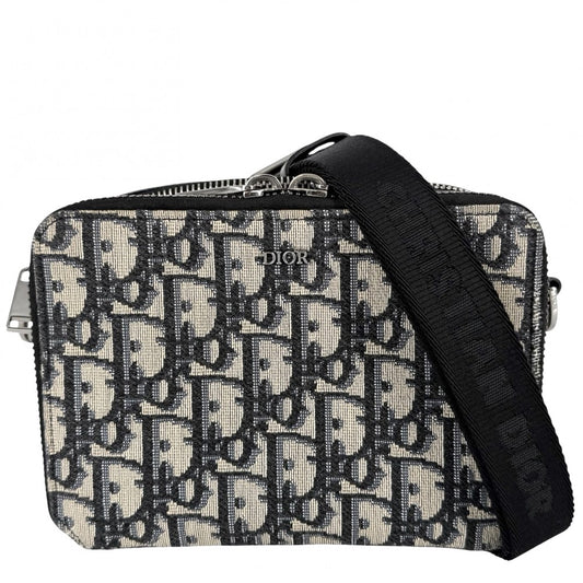 Christian Dior クリスチャンディオール ショルダーバッグ オブリーク ストラップポーチ ミニバッグ メッセンジャーバッグ 2OBBC119YSE_H05E キャンバス レザー ネイビー 紺 ブラック 黒 シルバー金具 メンズ【中古品】