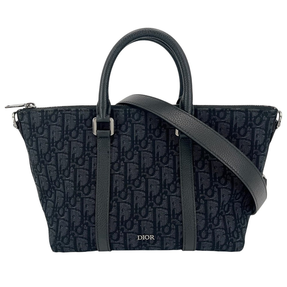 Christian Dior クリスチャンディオール 2WAY オブリーク ウィークエンダー25 ハンドバッグ ショルダーバッグ キャンバス レザー ネイビー 紺 ゴールド金具 レディース【中古品】
