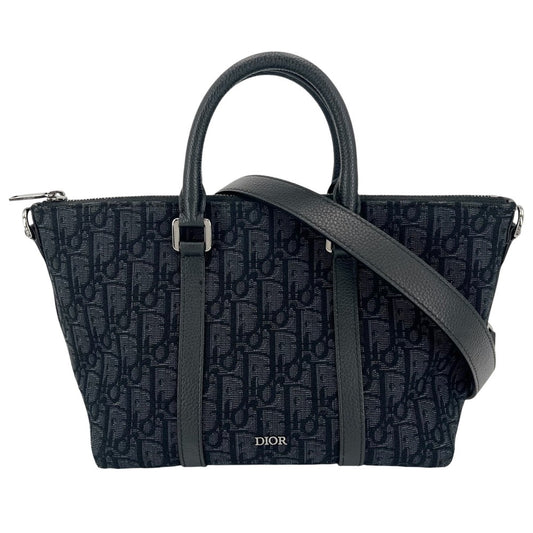 Christian Dior クリスチャンディオール 2WAY オブリーク ウィークエンダー25 ハンドバッグ ショルダーバッグ キャンバス レザー ネイビー 紺 ゴールド金具 レディース【中古品】