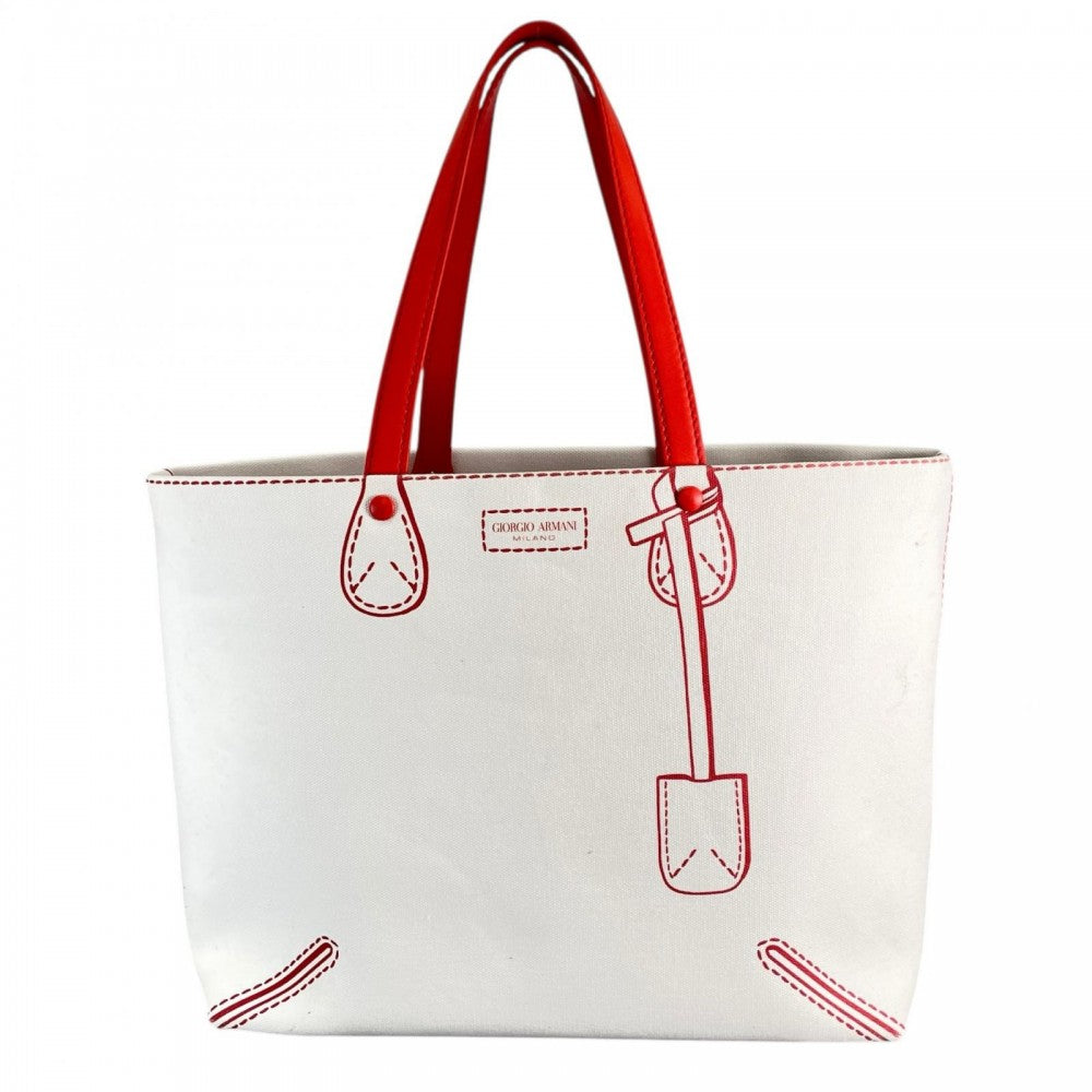 GIORGIO ARMANI ジョルジオアルマーニ ハンドバッグ ﾄﾛﾝﾌﾟﾙｲﾕ キャンバス ホワイト 白 レッド 赤 ゴールド金具 レディース【中古品】