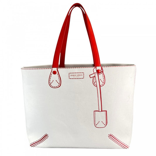GIORGIO ARMANI ジョルジオアルマーニ ハンドバッグ ﾄﾛﾝﾌﾟﾙｲﾕ キャンバス ホワイト 白 レッド 赤 ゴールド金具 レディース【中古品】
