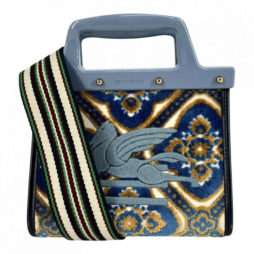 【開店SALE】 ETRO エトロ 2WAY ラブトロッター ハンドバッグ ショルダーバッグ ジャガード プラスチック ブルー 青 ゴールド金具 レディース【中古品】