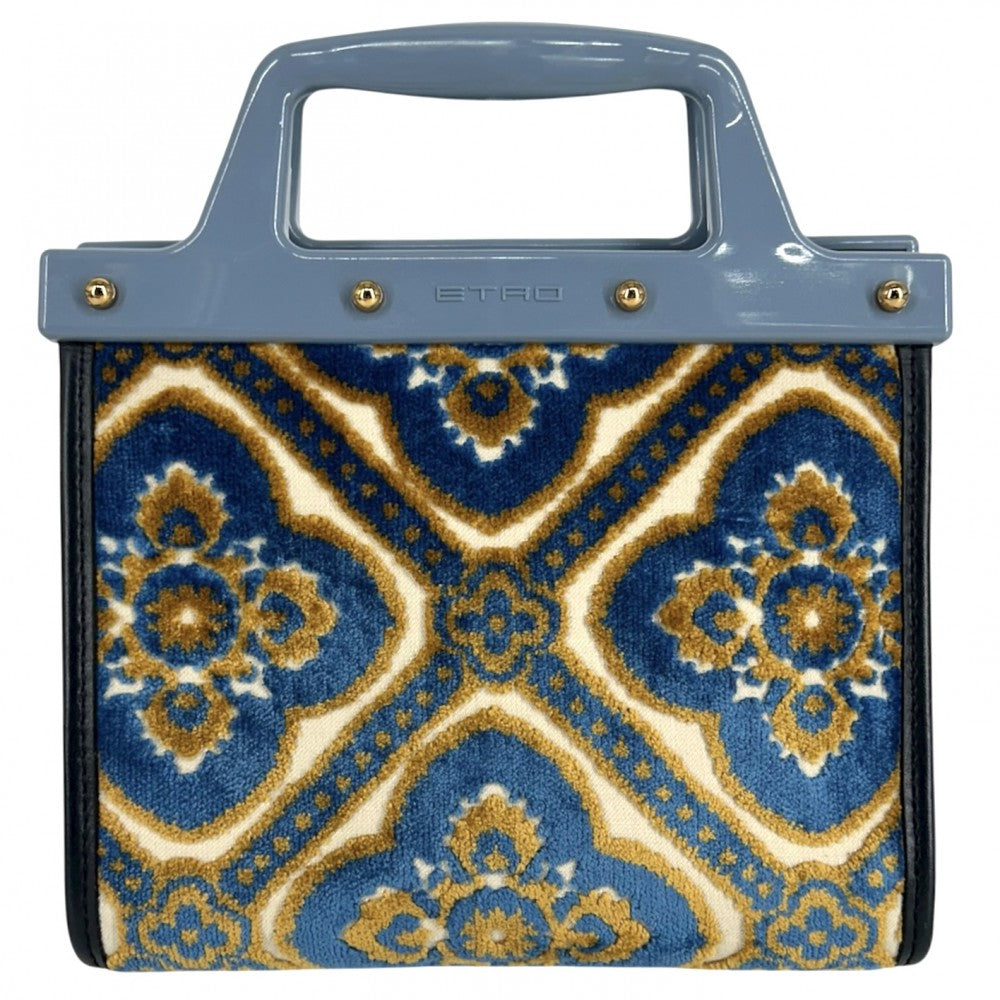 【開店SALE】 ETRO エトロ 2WAY ラブトロッター ハンドバッグ ショルダーバッグ ジャガード プラスチック ブルー 青 ゴールド金具 レディース【中古品】