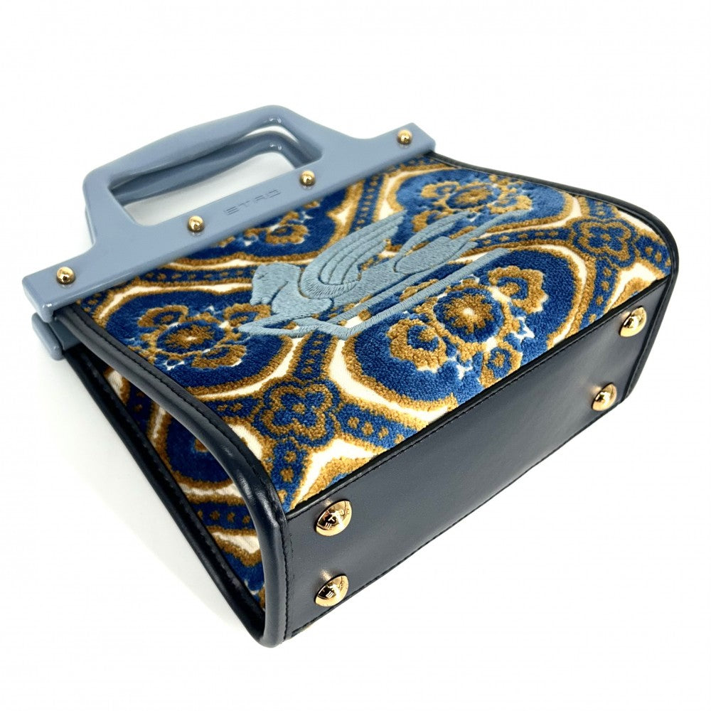 ETRO エトロ 2WAY ラブトロッター ハンドバッグ ショルダーバッグ ジャガード プラスチック ブルー 青 ゴールド金具 レディース【中古品】