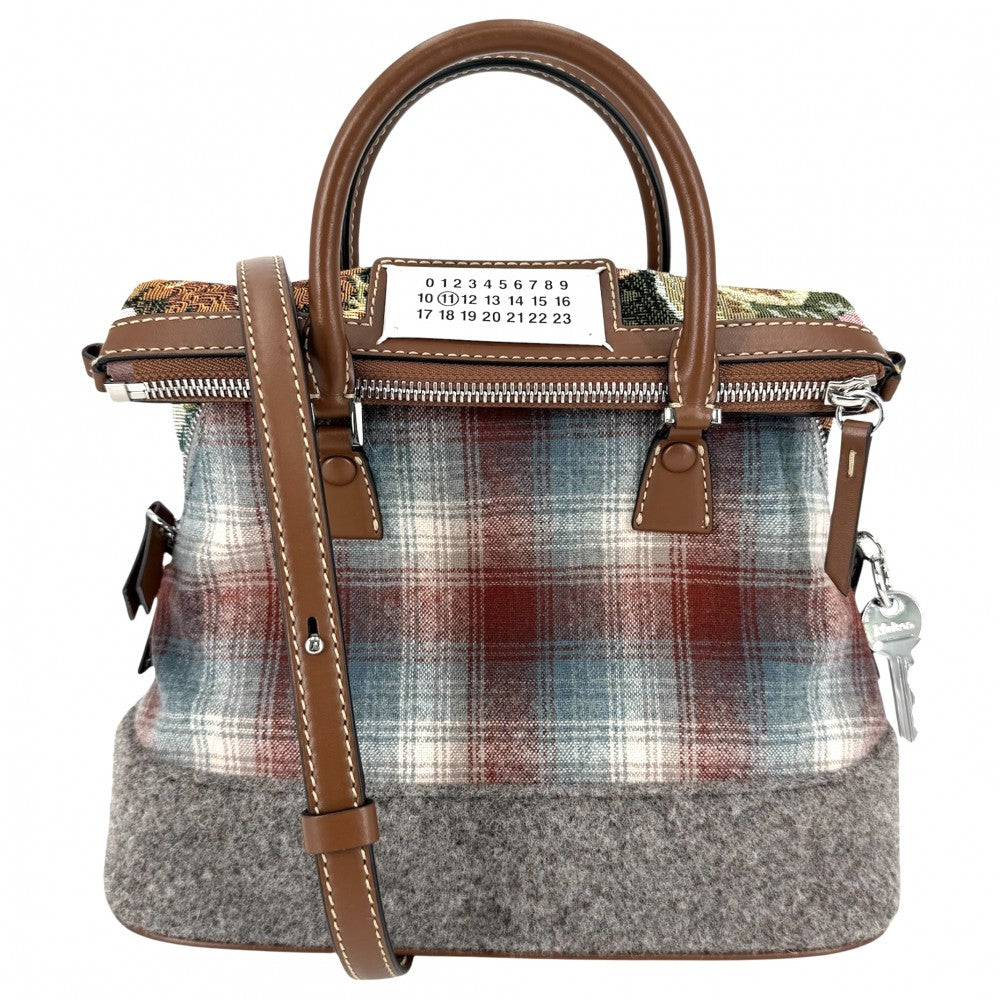 MAISON MARGIELA メゾンマルジェラ 2WAY 5AC クラシック ミニ ハンドバッグ ショルダーバッグ メゾンマルジェラ 牛革 キャンバス ブラウン 茶 グレー シルバー金具 レディース【中古品】