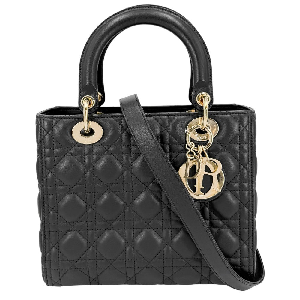【開店SALE】 Christian Dior クリスチャンディオール 2WAY カナージュ レディディオール ハンドバッグ ショルダーバッグ ミディアム レザー ブラック 黒 ゴールド金具 レディース【中古品】