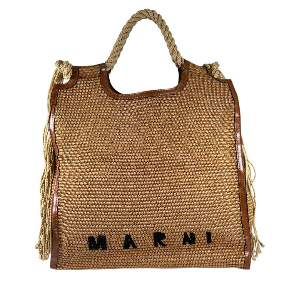 MARNI マルニ ハンドバッグ マルセロ サマーバッグ ショッピングバッグ BMMP0052U0 ラフィア レザー ブラウン 茶 ゴールド金具 レディース【中古品】