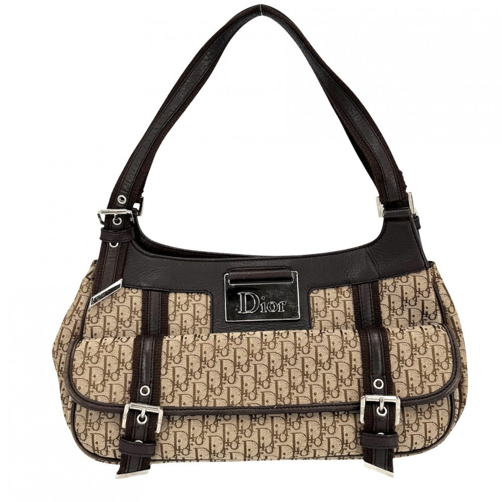 Christian Dior クリスチャンディオール ハンドバッグ ストリートシック トロッター キャンバス レザー ブラウン 茶 ベージュ シルバー金具 レディース【中古品】