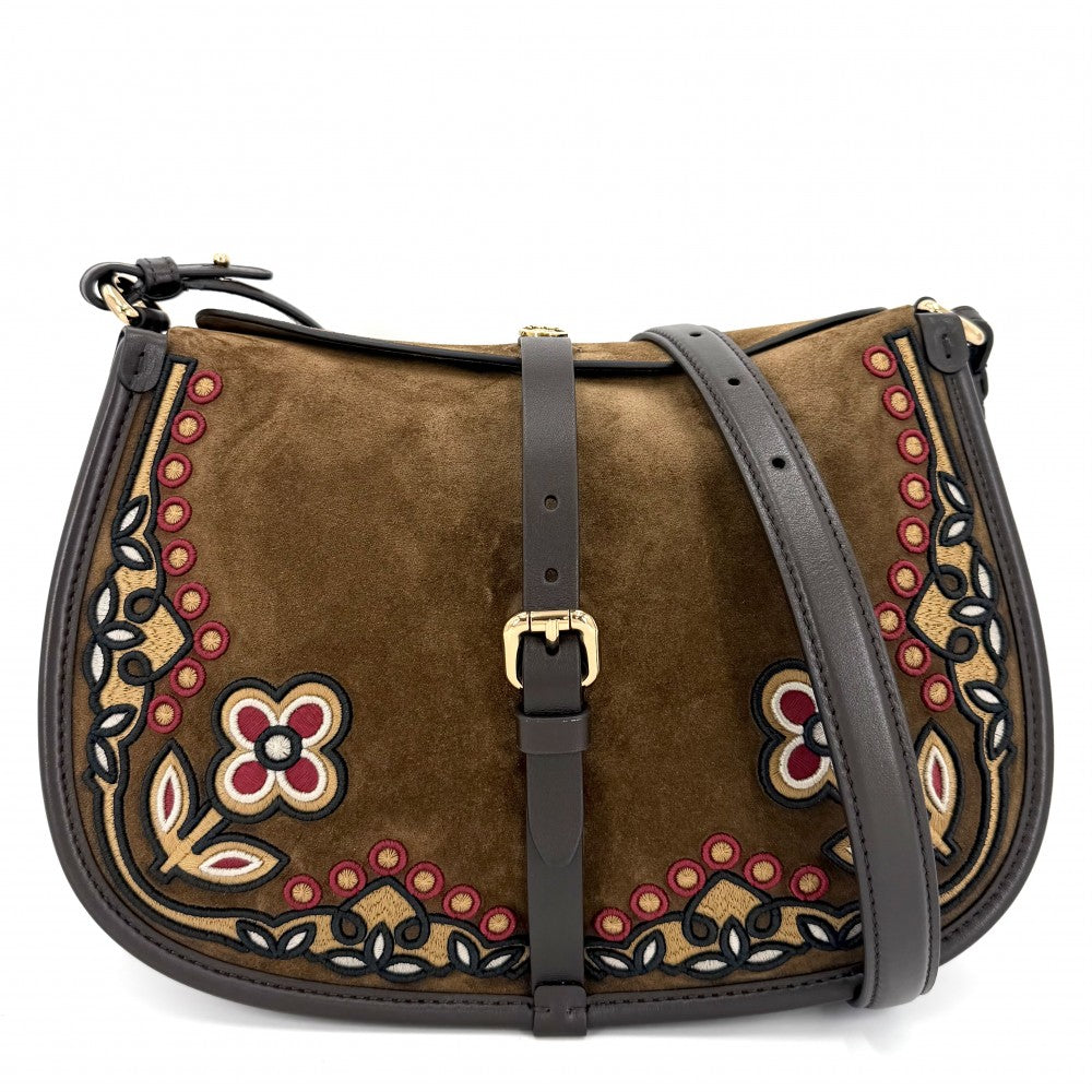ETRO エトロ ショルダーバッグ エンブロイダリー ポニーバッグ ミディアム スエード Pony WP1C0019 カーフ ブラウン 茶 ゴールド金具 レディース【中古品】