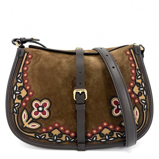 ETRO エトロ ショルダーバッグ エンブロイダリー ポニーバッグ ミディアム スエード Pony WP1C0019 カーフ ブラウン 茶 ゴールド金具 レディース【中古品】
