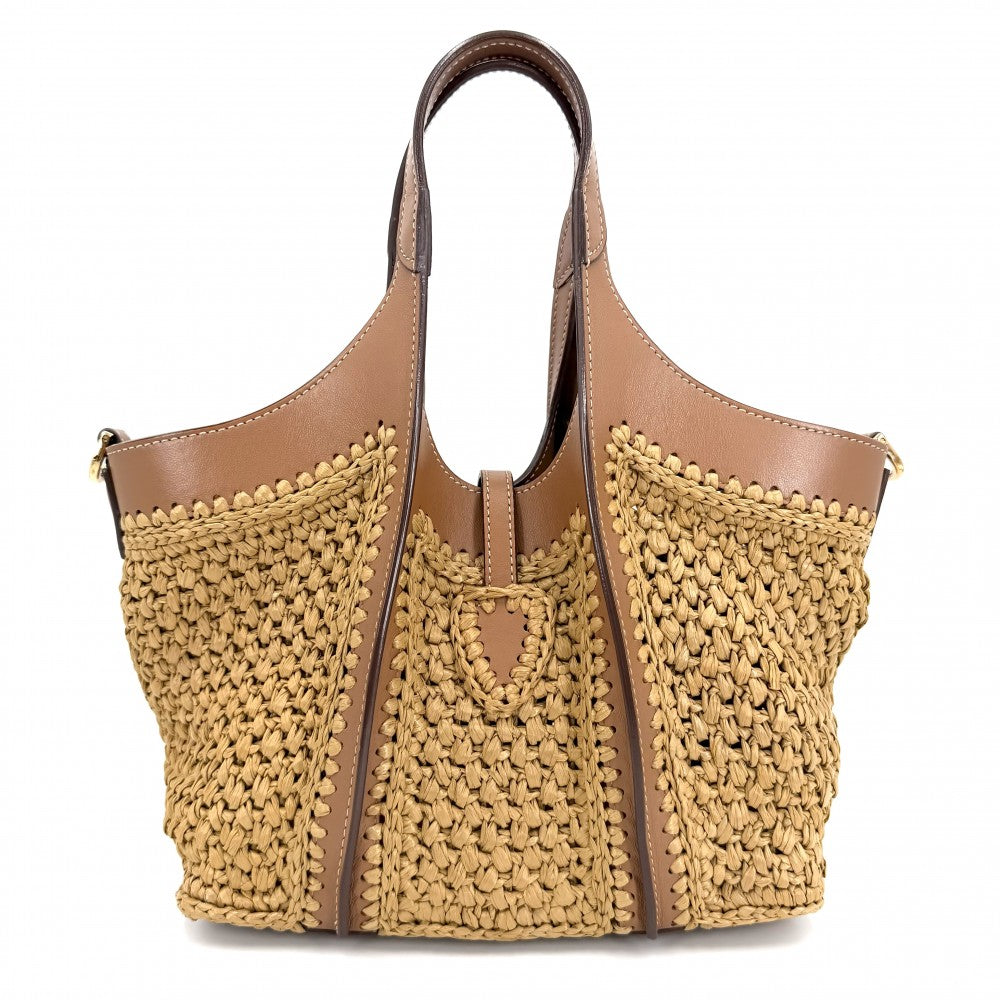 TOD’S トッズ 2WAY Tタイムレス　ミニ ハンドバッグ ショルダーバッグ かごバッグ ラフィア レザー ブラウン 茶 ゴールド金具 レディース【中古品】