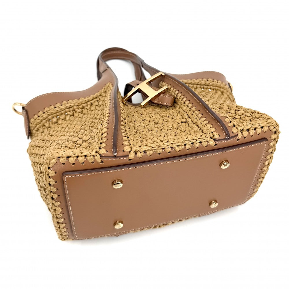 TOD’S トッズ 2WAY Tタイムレス　ミニ ハンドバッグ ショルダーバッグ かごバッグ ラフィア レザー ブラウン 茶 ゴールド金具 レディース【中古品】