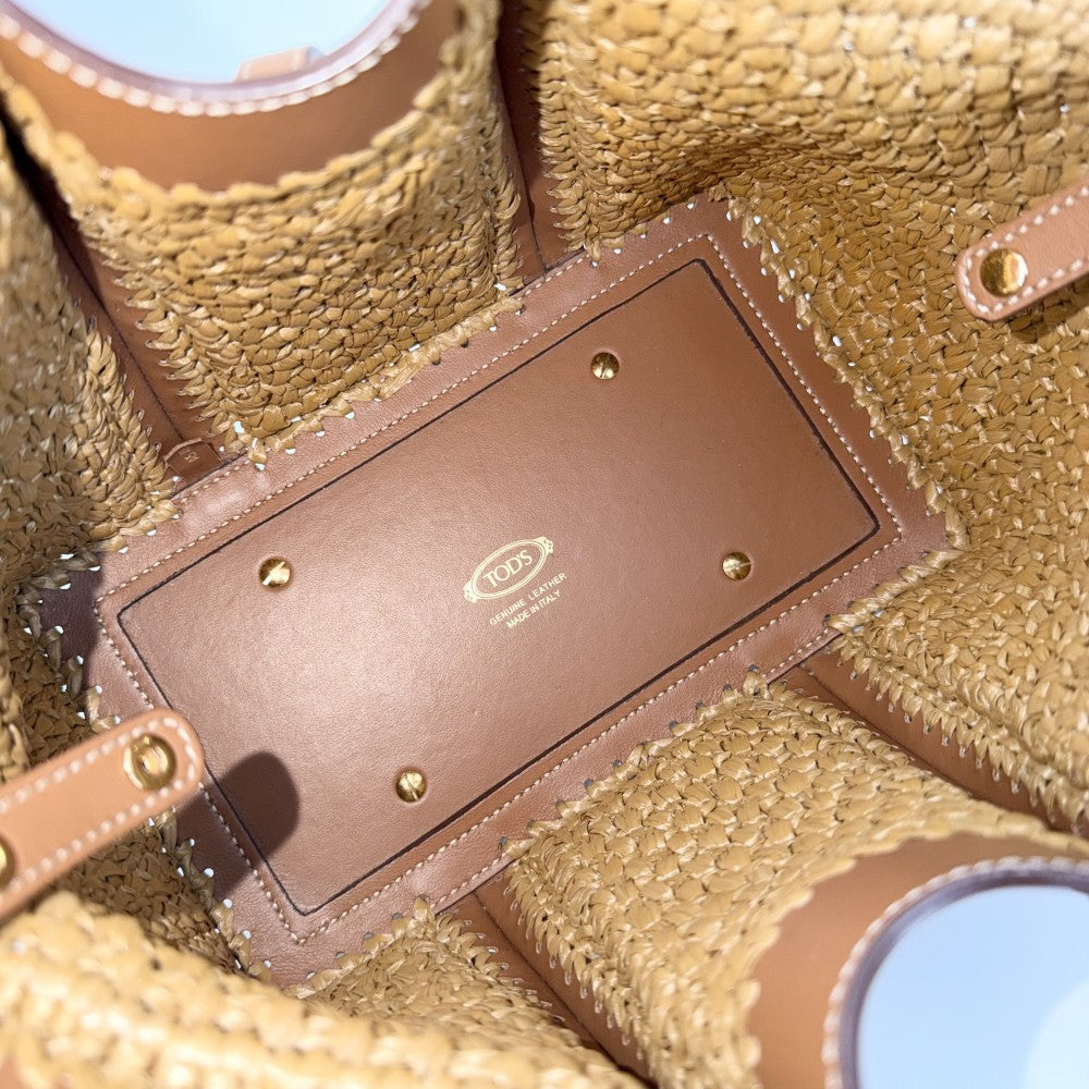 TOD’S トッズ 2WAY Tタイムレス　ミニ ハンドバッグ ショルダーバッグ かごバッグ ラフィア レザー ブラウン 茶 ゴールド金具 レディース【中古品】