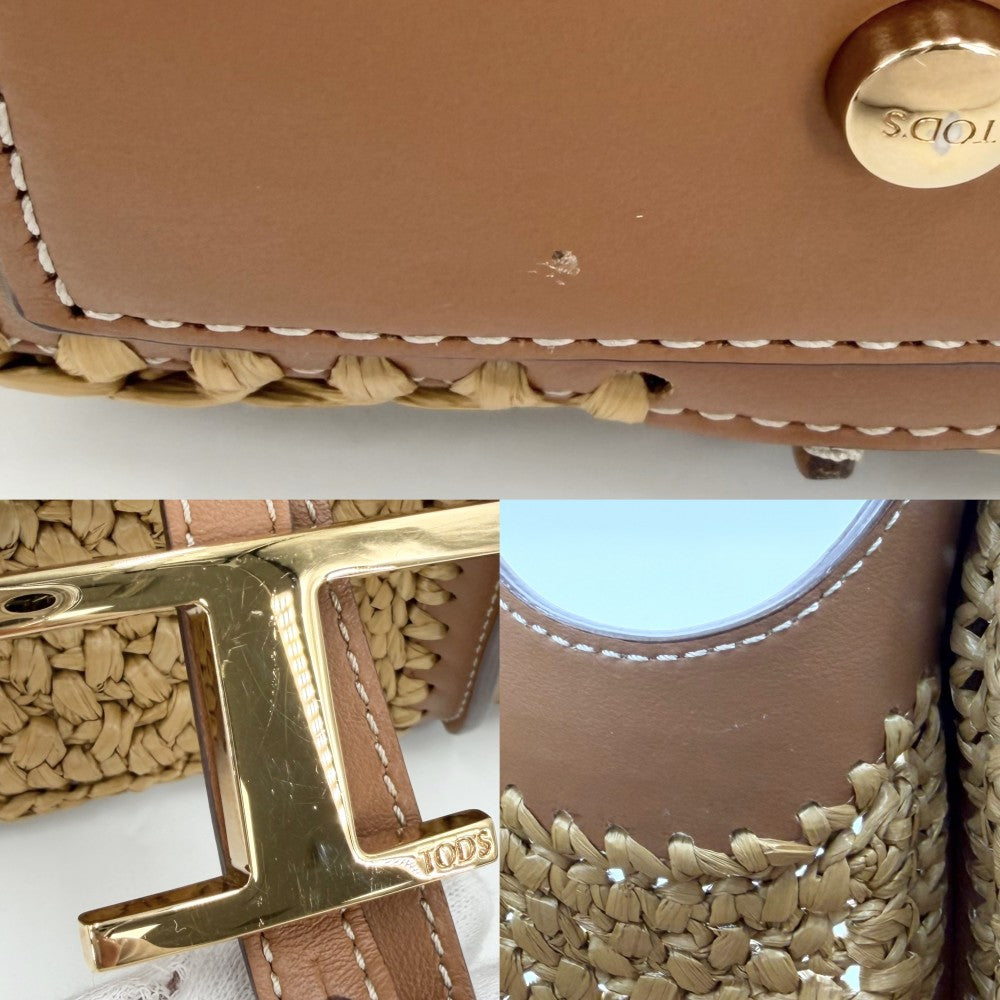 TOD’S トッズ 2WAY Tタイムレス　ミニ ハンドバッグ ショルダーバッグ かごバッグ ラフィア レザー ブラウン 茶 ゴールド金具 レディース【中古品】