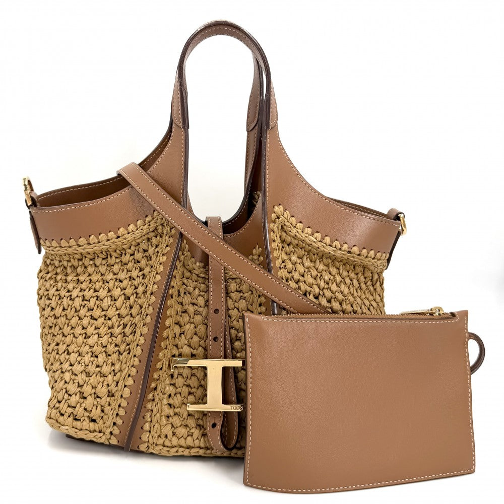 TOD’S トッズ 2WAY Tタイムレス　ミニ ハンドバッグ ショルダーバッグ かごバッグ ラフィア レザー ブラウン 茶 ゴールド金具 レディース【中古品】